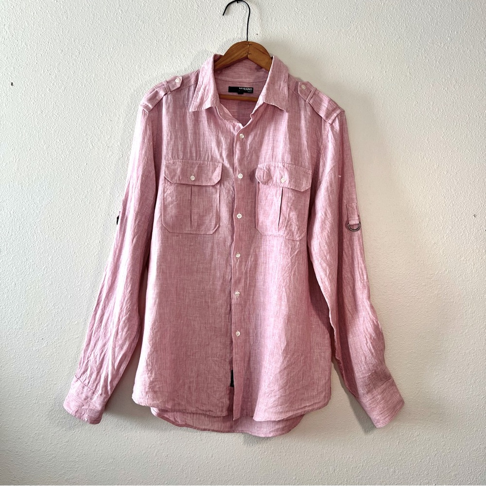 Murano Linen Chambray / Pink Long Sleeve Shirt Pocket Epaulettes Sleeve Buckles